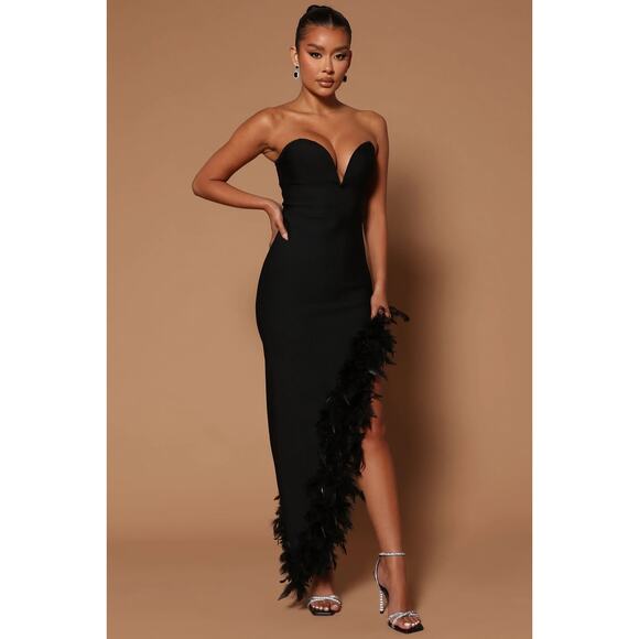 NovaLuxe Jacqueline Bandage Asymmetric Feather Lined Maxi Dress Black Medium - Picture 1 of 10